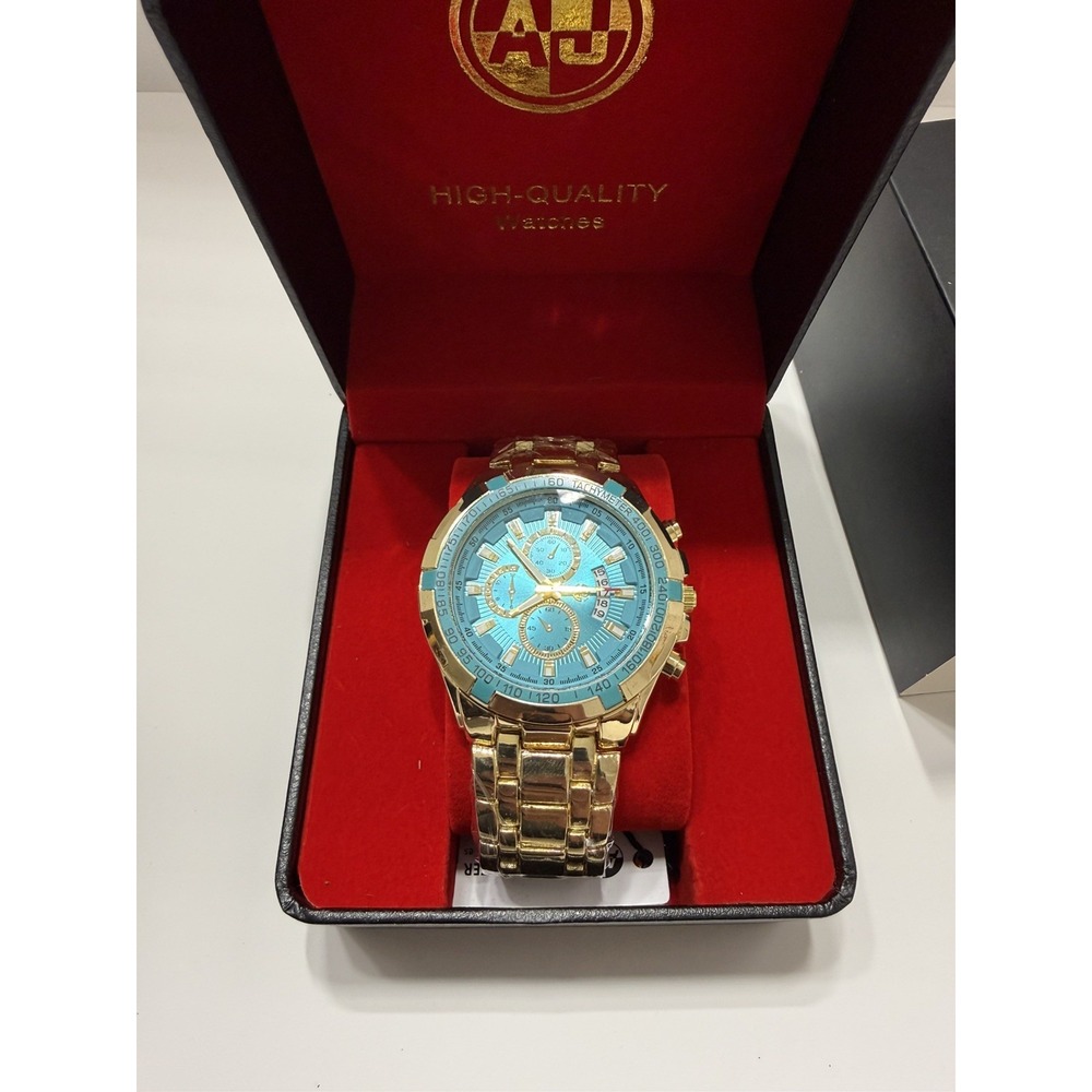 AJ Brand Silver Men's Chronograph Watch Tiff Blue Dial Gold stainless steel band